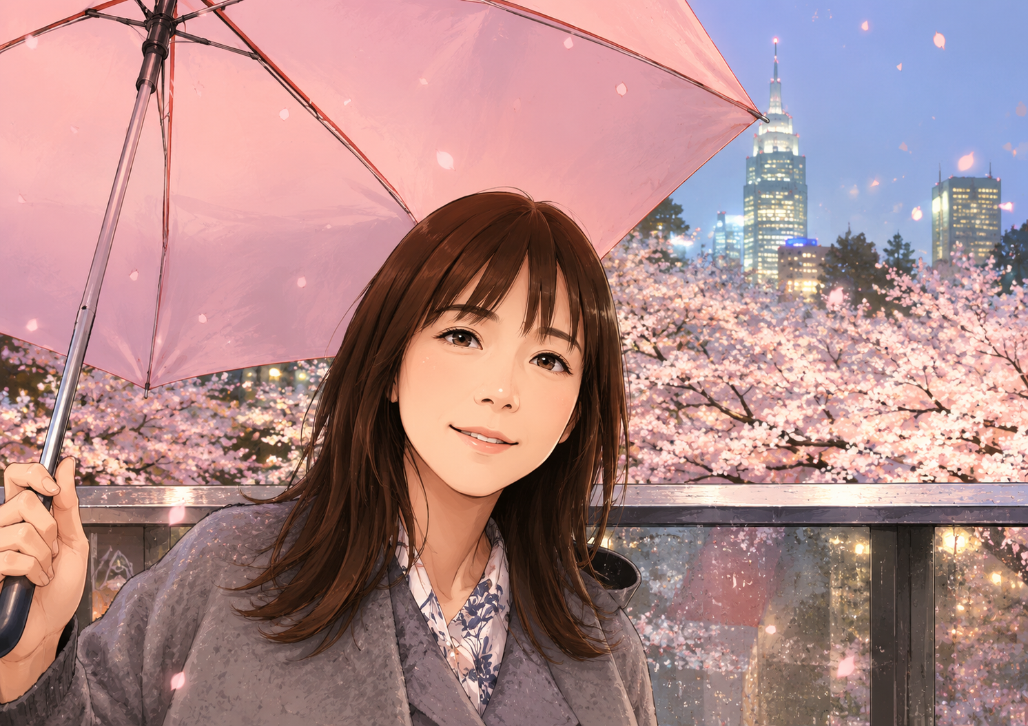 桜の東京を背景にした小谷有季のイメージビジュアル